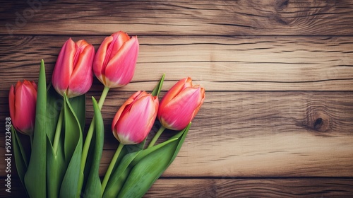 Lovely tulip flowers on wooden backdrop, holiday postcard Generative AI