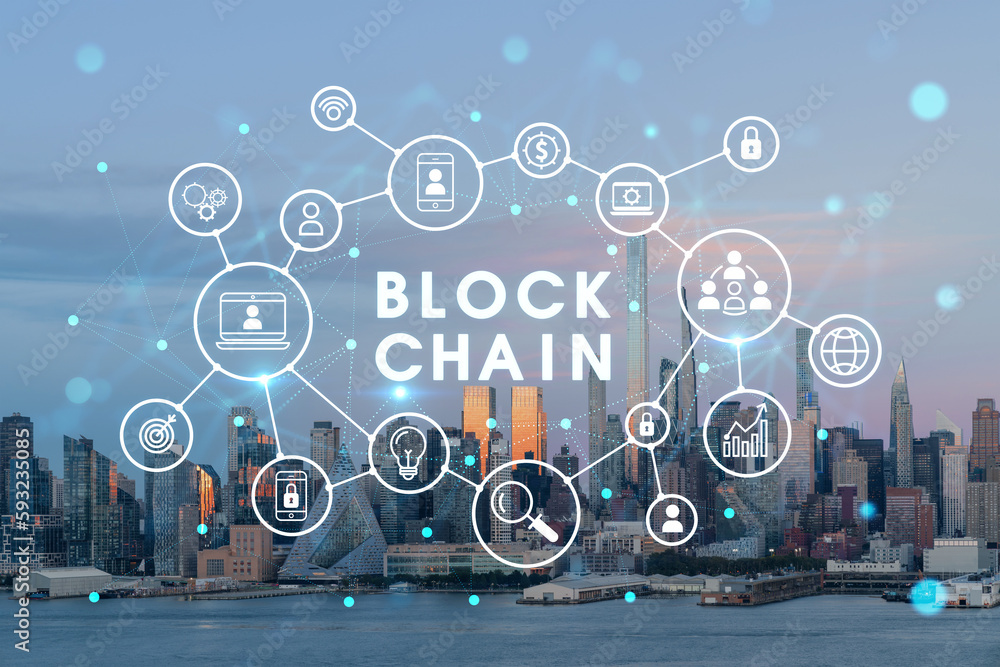 Fototapeta premium New York City skyline from New Jersey over Hudson River, Midtown Manhattan skyscrapers at sunset, USA. Decentralized economy. Blockchain, cryptography and cryptocurrency concept, hologram
