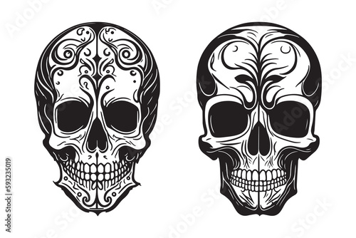 Tribal skull tattoo design black outline vector on white background, Skull with floral design vector