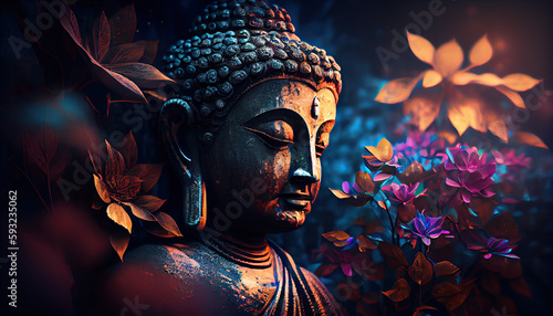 Generative AI illustration of abstract lifelike buddha, flowers, magic lighting, beautiful metallic and stone colors, detailed, natural lighting, natural environment.