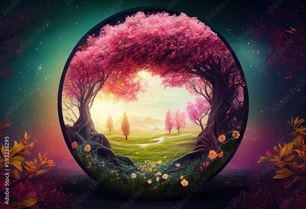 Fototapeta premium Generative AI illustration of beautiful enchanted landscape. Magic meadow with spring blooming trees. Round frame with copy space in the middle . Fantasy garden background