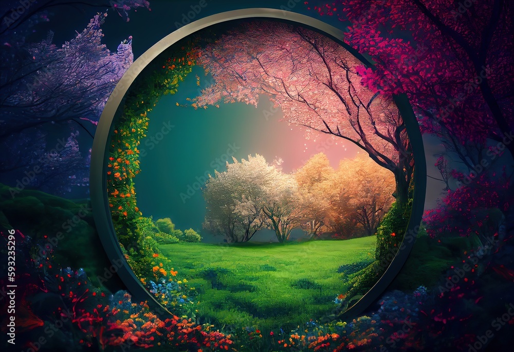 Fototapeta premium Generative AI illustration of beautiful enchanted landscape. Magic meadow with spring blooming trees. Round frame with copy space in the middle . Fantasy garden background