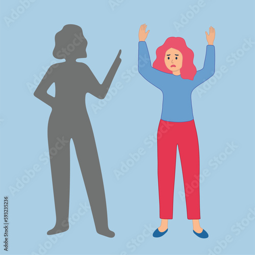 Darkness or evil whispering to a woman with dissociative identity disorder. Girl with Schizophrenia symptoms looks scared tries to hide her face. Concept of Split Personality or mental health disorder