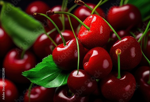 Generative AI illustration of background of the fresh red cherries, copy space