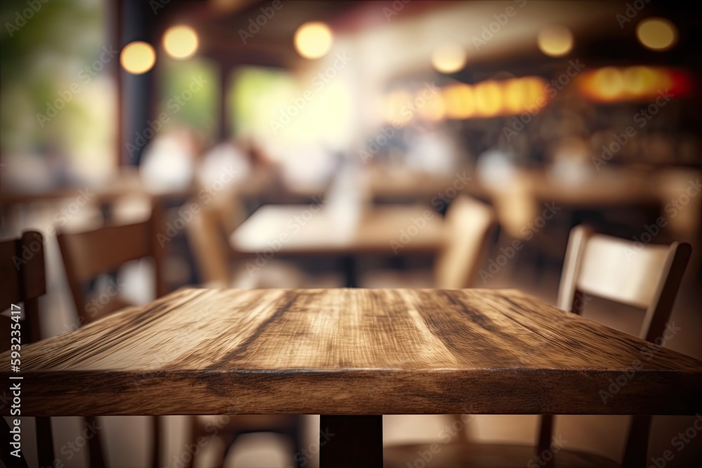 Generative AI illustration of blurred background of a cafe or restaurant features an empty wooden table