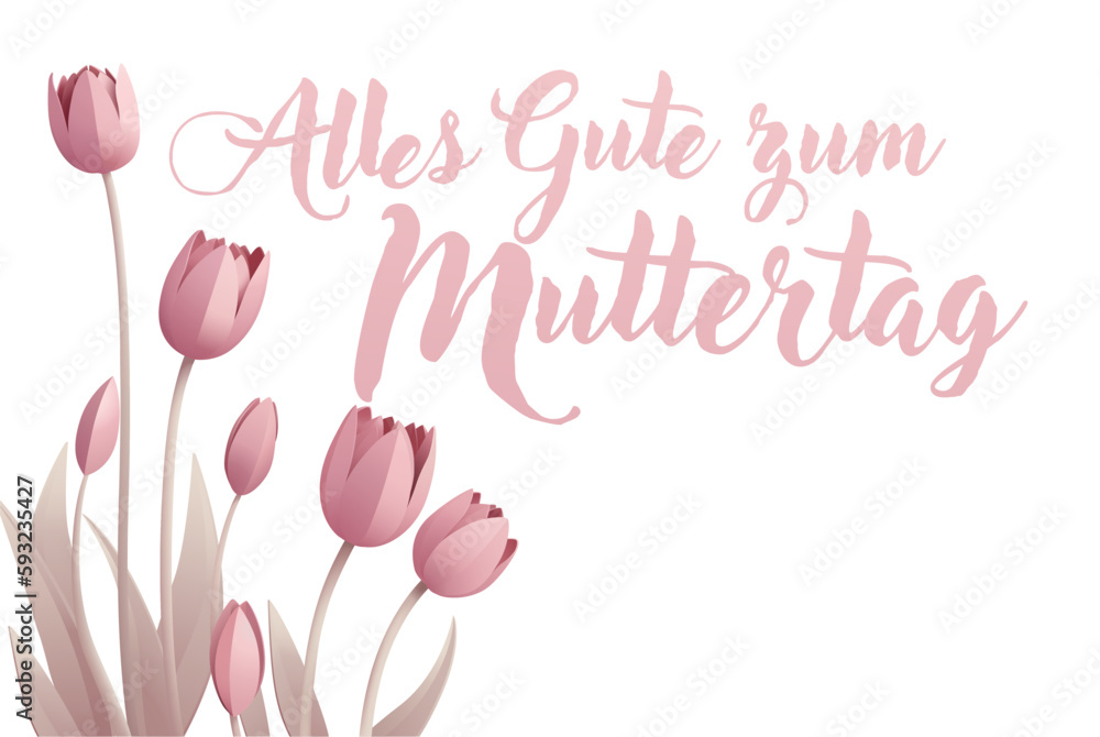 German Happy Mothers Day Alles Gute Zum Muttertag paper craft or paper cut origami style floral tulip flowers design. With pink tulips background corner frame design elements.