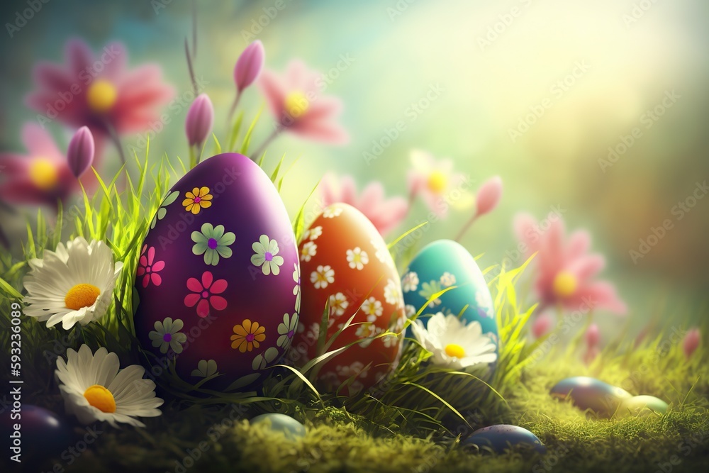 Generative AI illustration of colorful easter eggs on grass background, very beautiful Generative AI illustration of colorful easter eggs on grass background, very beautiful
