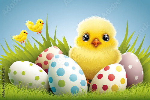 Holy holiday Easter - fluffy chicken and Easter colorful eggs on green grass. ai generative