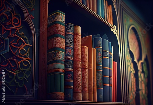 Generative AI illustration of islamic library books, wallpaper, bright, attractive, love for books