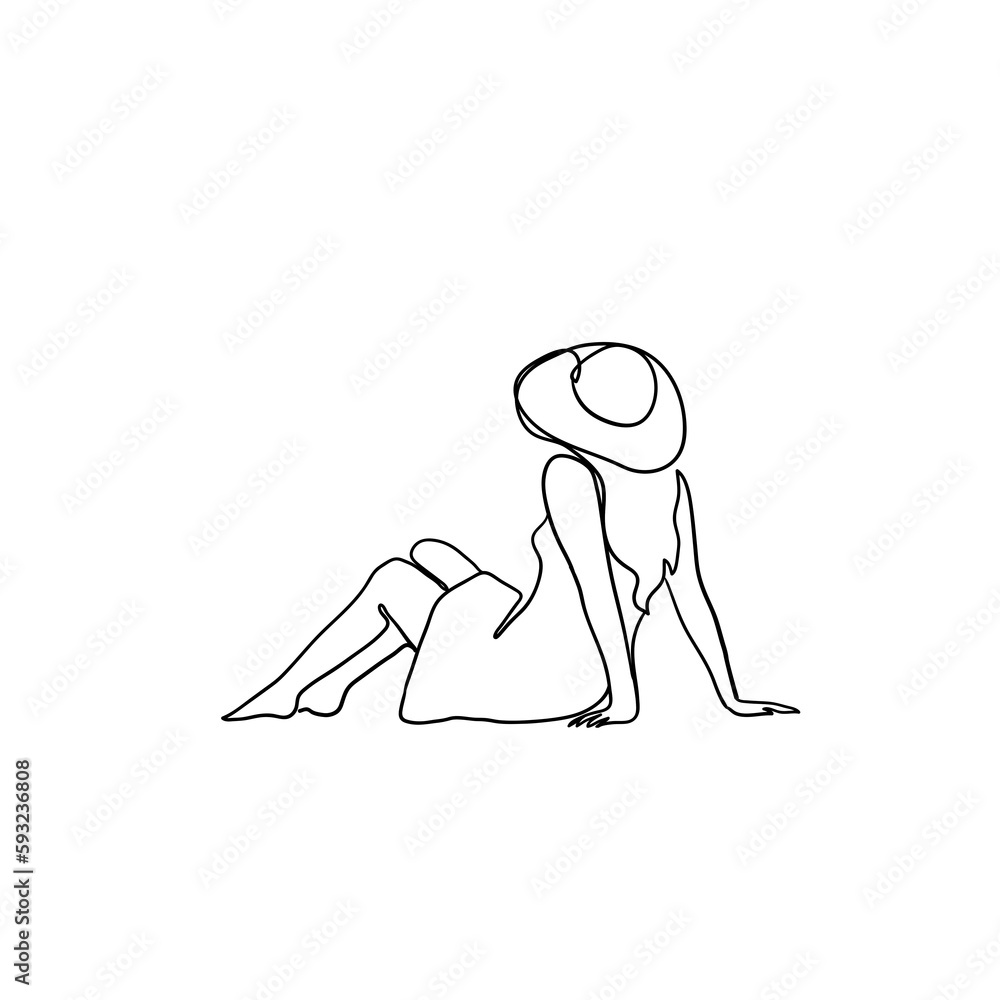 Beautiful young woman in a straw hat on the beach. The concept of seaside holidays in the hotel. Stock illustration.The girl is sitting in a dress.ONE line. Beautiful young woman in a straw hat on the beach. The concept of seaside holidays in the hotel. Stock illustration.The girl is sitting in a dress.ONE line.