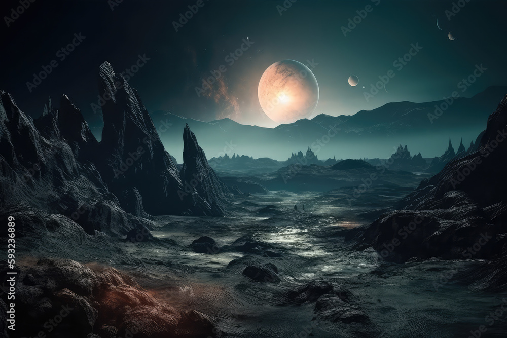 Extraterrestrial landscape, scenery of alien planet in deep space, generative AI