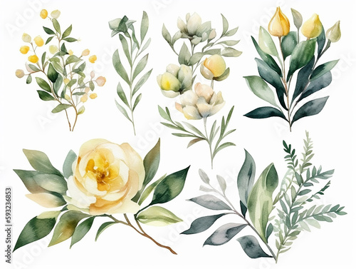 Foto set in stile acquerello di bouquet floreale , foglie  e rami, peonie, colori ten