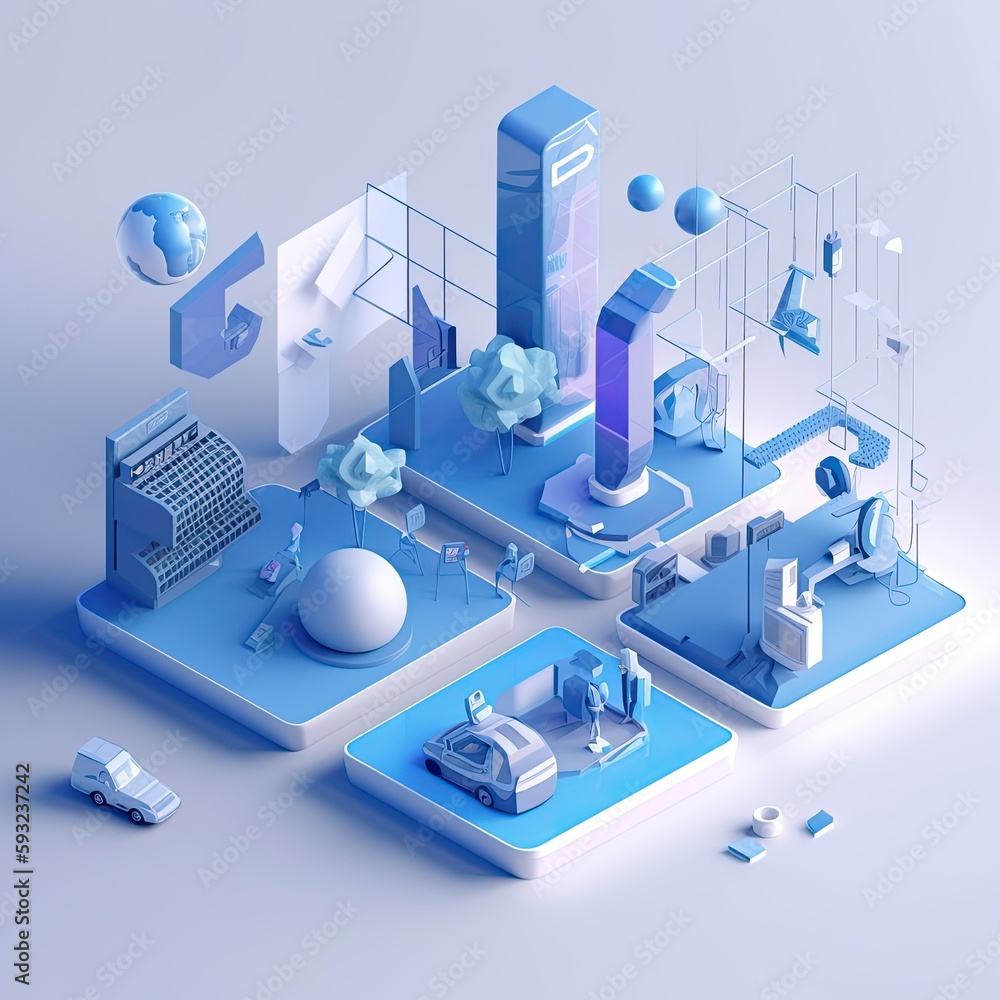 Generative AI illustration of 3D miniature scene that embodies the concept of technology and humanities fusion within a smart community. Incorporate elements Generative AI illustration of 3D miniature scene that embodies the concept of technology and humanities fusion within a smart community. Incorporate elements