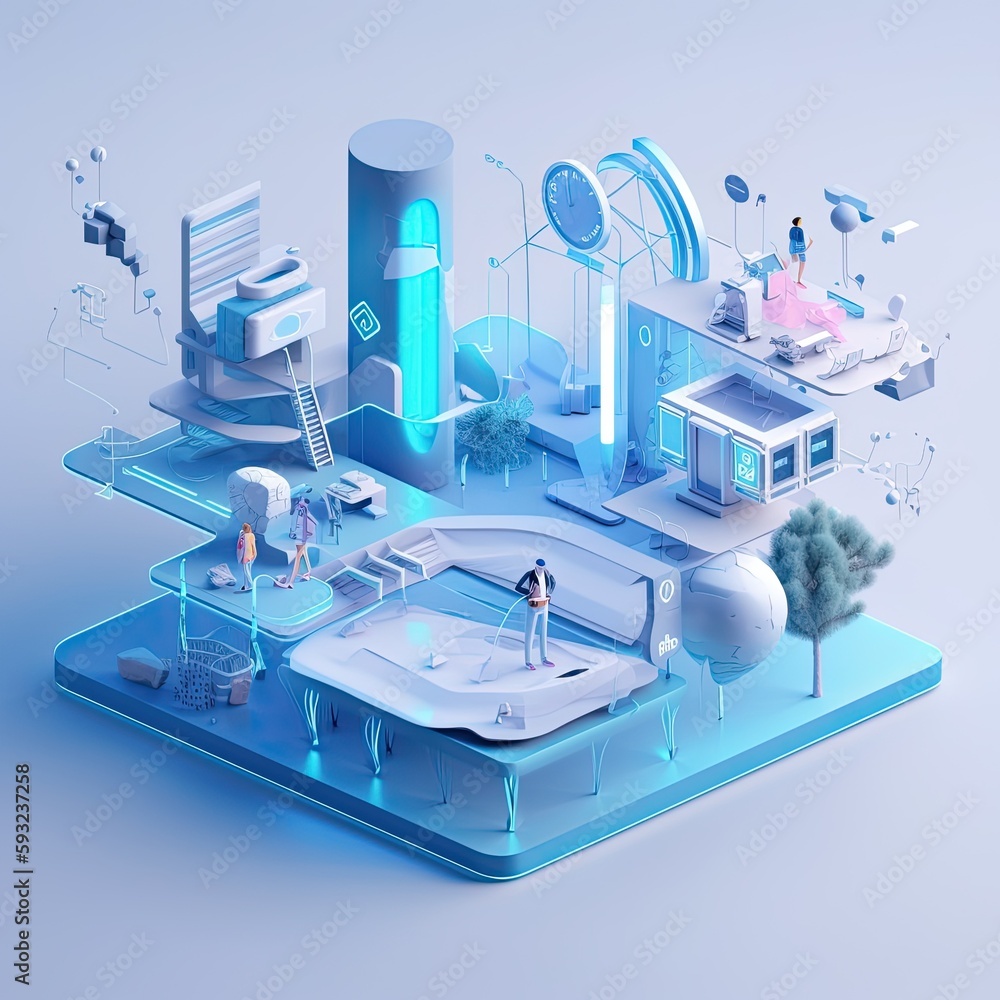 Generative AI illustration of 3D miniature scene that embodies the concept of technology and humanities fusion within a smart community. Incorporate elements Generative AI illustration of 3D miniature scene that embodies the concept of technology and humanities fusion within a smart community. Incorporate elements