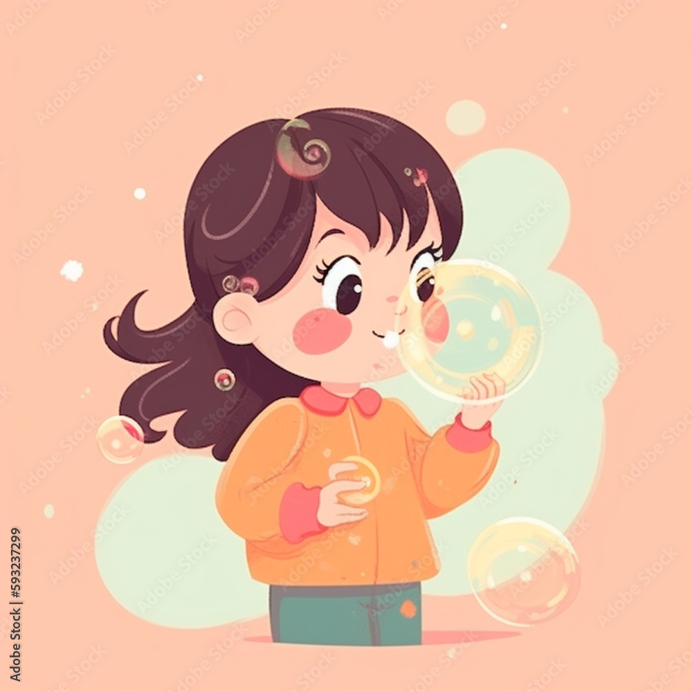 Little Girl Blowing Soap Bubbles Illustration Little Girl Blowing Soap Bubbles Illustration