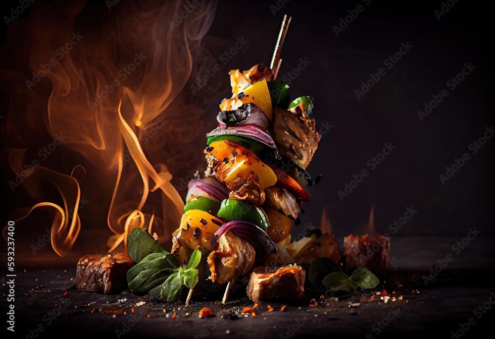 Generative AI illustration of skewered shish kebab, Kebabs - grilled meat  skewers, vegetables on black wooden background. Meat skewers in a barbecue  22922899 Stock Photo at Vecteezy