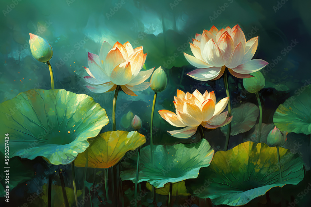 some glowing lotuses flowers on a green background, generative AI