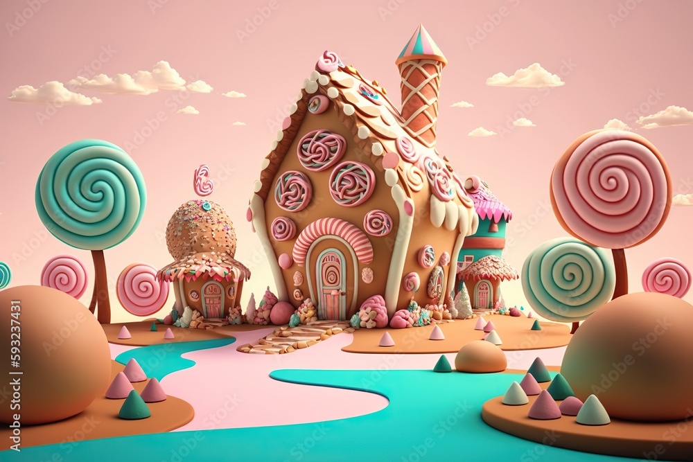 Generative AI illustration of a sweet and magical world with candy land landscape and gingerbread fantasy house