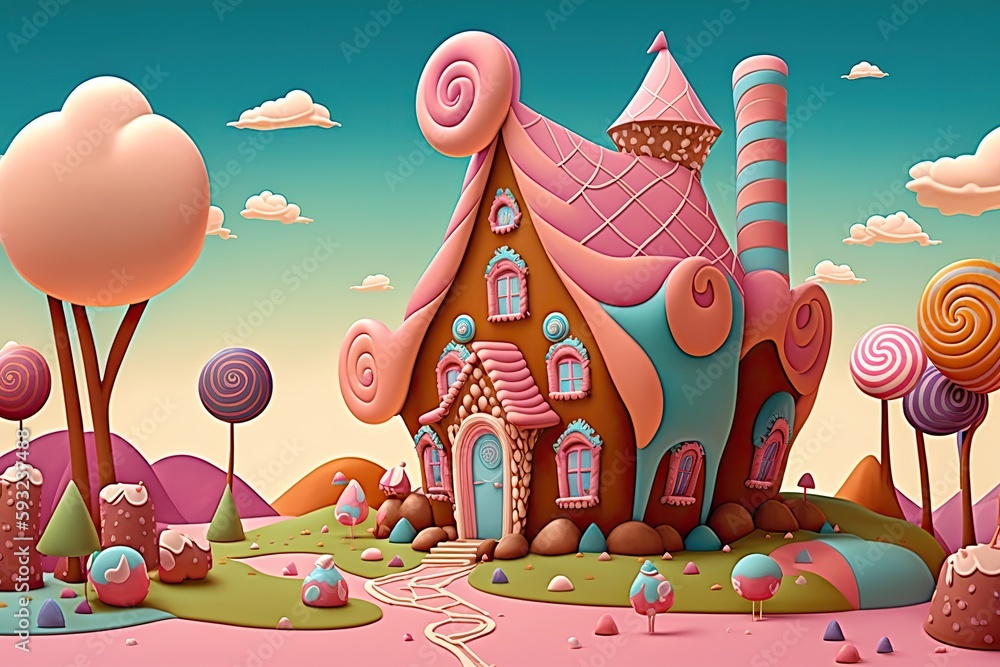 Generative AI illustration of a sweet and magical world with candy land landscape and gingerbread fantasy house Generative AI illustration of a sweet and magical world with candy land landscape and gingerbread fantasy house