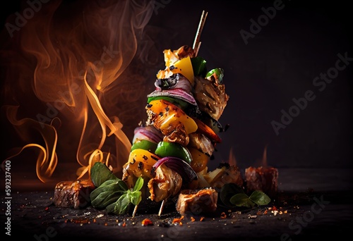 Generative AI illustration of skewered shish kebab, Kebabs - grilled meat skewers, vegetables on black wooden background. Meat skewers in a barbecue