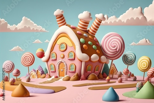 Generative AI illustration of a sweet and magical world with candy land landscape and gingerbread fantasy house © CravenA