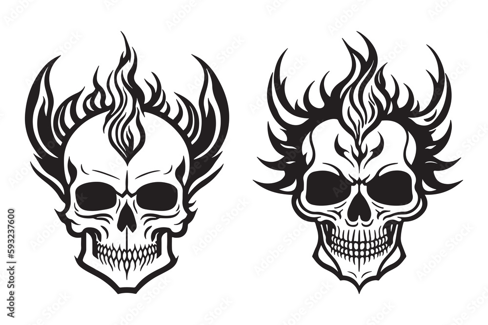 Skull with fire and smoke effect simple tattoo design black outline vector on white background Stock Vector