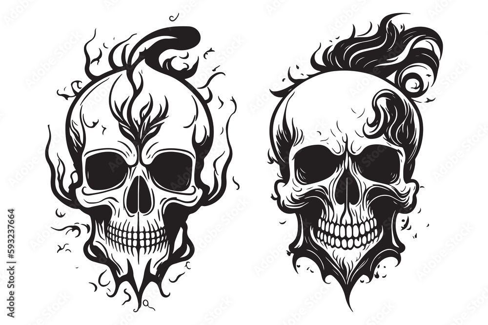 Skull on Fire with Flames and smoke Vector Illustration. hand draw image  trace. line art tattoo design. dot work. hot and scary from inside. for  pain feeling. Stock Vector | Adobe Stock