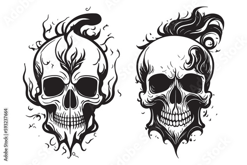 Skull with fire and smoke effect simple tattoo design black outline vector on white background