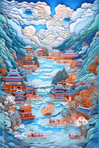 Generative AI illustration of Chinese nature and landscape on solid background, auspicious clouds, ravine stream, mountain range, many houses and ancient buildings, multi dimensional paper quilling © CravenA