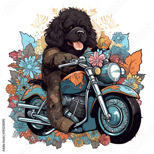 Vector Illustration T-shirt Design, A playful and whimsical design featuring a Newfoundland dog on a custom motorcycle with a sidecar, surrounded by a colorful floral pattern. photo