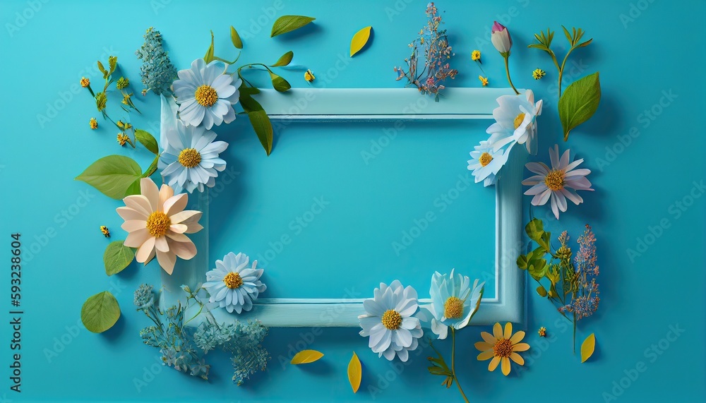 Generative AI illustration of spring flower frame on blue and cyan background copy space flat lay mock up