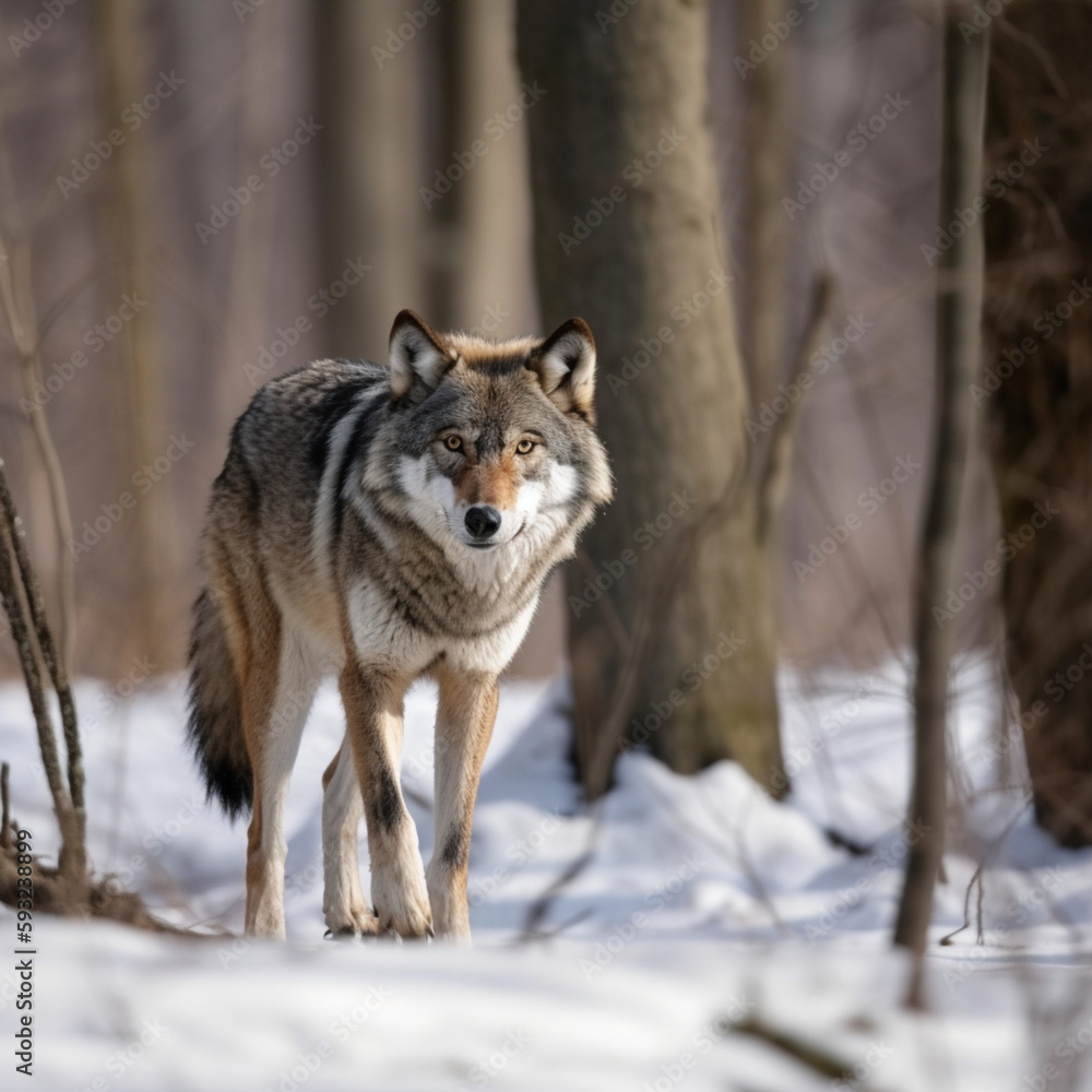 Fototapeta premium Grey Wolf In Snowy Forest