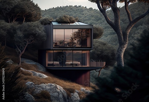 Generative AI illustration of a captivating, an extraordinary house in a hill one side-oriented cabin, placing the modules between the trees ecological, exterior wood deck with infinity pool