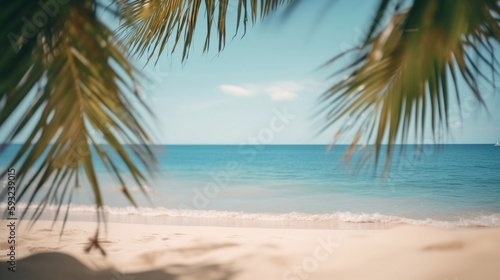 An abstract tropical golden sandy beach paradise background illustration with palm tree leaves in the foreground. A.I. Generated.