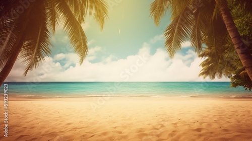 An abstract tropical golden sandy beach paradise background illustration with palm tree leaves in the foreground. A.I. Generated.
