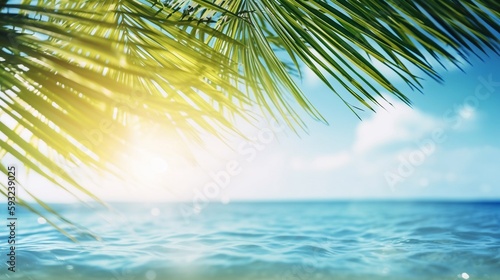 An abstract tropical blue ocean paradise background illustration with green palm tree leaves in the foreground. A.I. Generated.