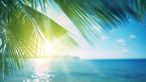 An abstract tropical blue ocean paradise background illustration with green palm tree leaves in the foreground. A.I. Generated.