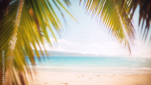 An abstract tropical golden sandy beach paradise background illustration with palm tree leaves in the foreground. A.I. Generated. © JPDC