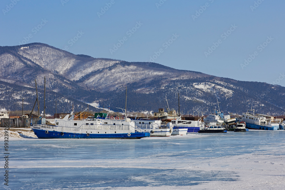 Ships in winter parking on Lake Baikal