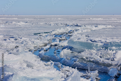 Cracked ice in winter on Lake Baikal