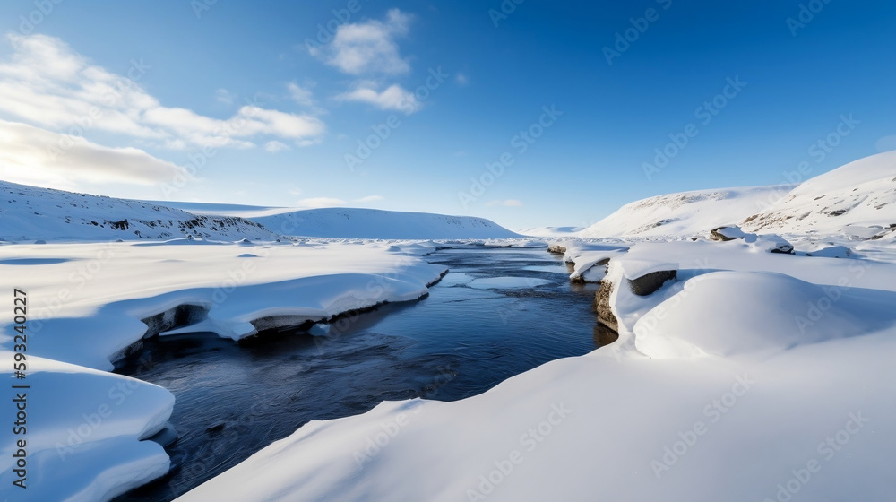 icy river, snowy landscape created with generative IA Technology, generative IA, IA, Generative 
