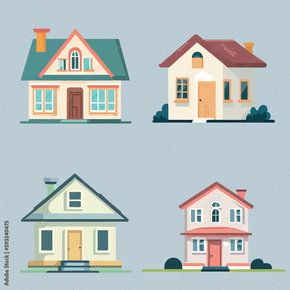 simple cartoon style modern front side house vector illustration .set of houses