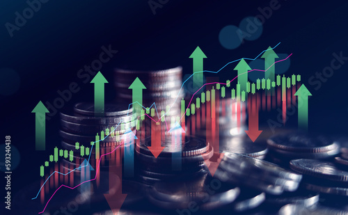 Business finance and investment concept, Capital gain world money economic growth. coin stack financial graph chart, market report on cash currency, Stock market instability concept.