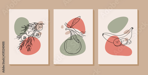 Abstract wall art collection with Juniper, Plum and banana. Set of healty food with organic shapes for print, wallpaper, interior, poster, cover, banner. Vector illustration