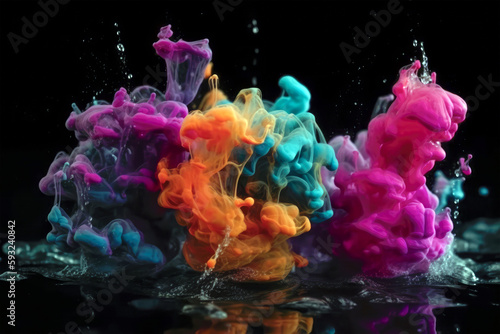 Colorful paints, mixed in water. A beautiful explosion of multi-colored paints flying drops and splashes in different directions. Background to insert into the project. Generative AI.