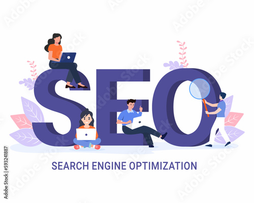 Tiny people sitting and standing near giant SEO, Search engine optimization, online marketing, seo tools concept.