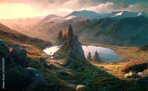 Landscape with mountains. AI Generative illustration