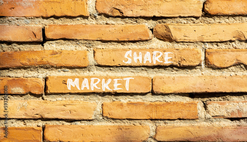 Market share symbol. Concept words Market share on beautiful red brown brick wall. Beautiful red brown brick wall background. Business and Market share concept. Copy space.