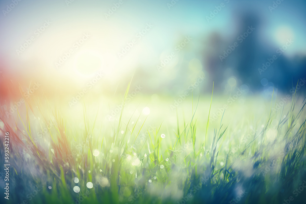 Beautiful blurred summer landscape abstract backgrounds with meadow flowers in blue gradient colours with sunny light and bokeh effect. Generative ai
