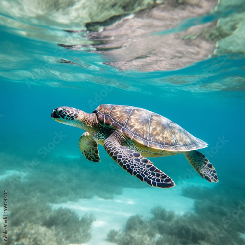 Turtle Underwater Swimming Close To The Surface